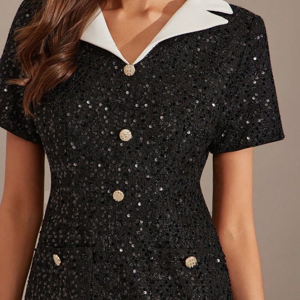 Black Elegant Women's Romantic Lapel Neck Sequin Short Dress - Picture 3 of 7